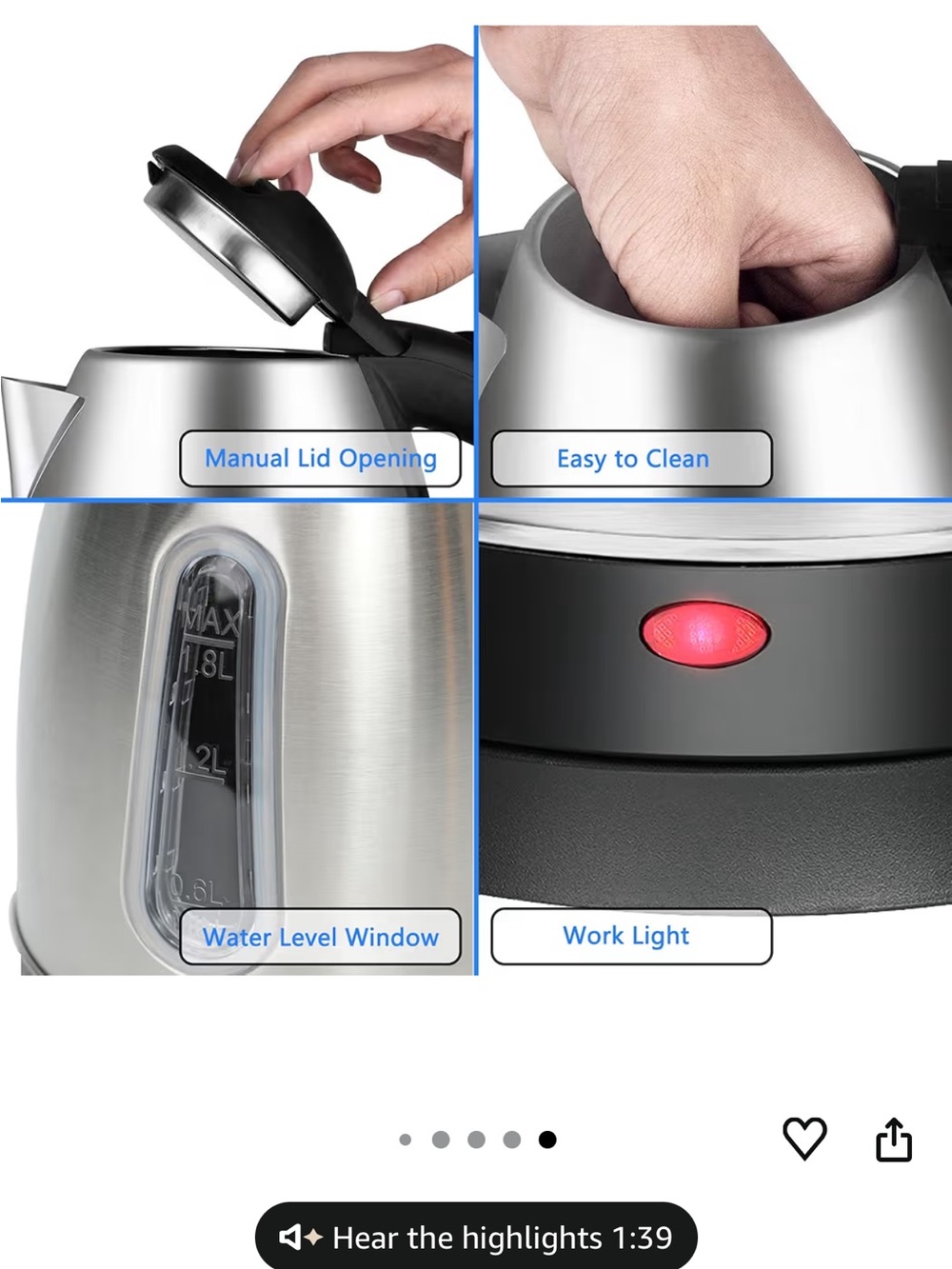 *2538* “7x10” Ketfii Stainless Steel Electric Kettle - Silver & Black - Picture 6 of 16